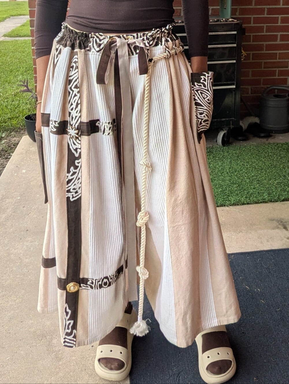 Neutral Patchwork Wide-Leg Palazzo Pants in Cream & Brown